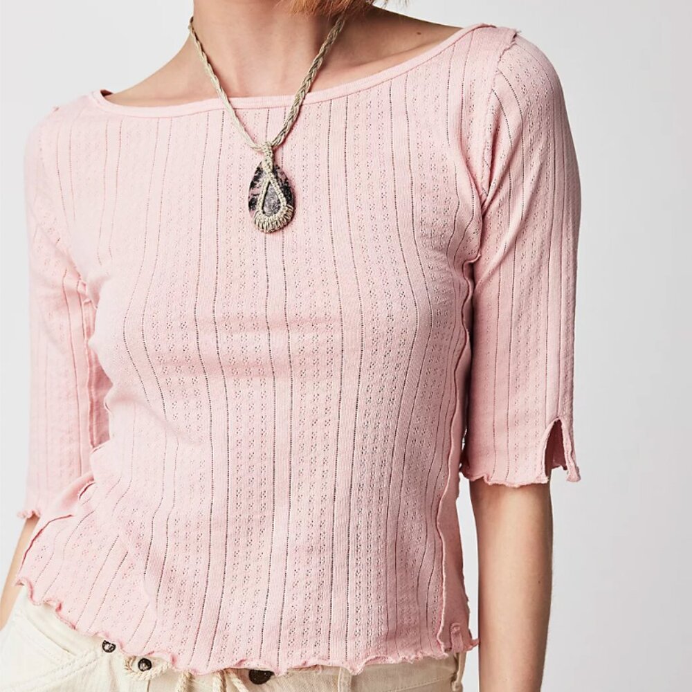 Free People -- Sweet And Salty Pointelle Tee in Baby Pink -- Size S